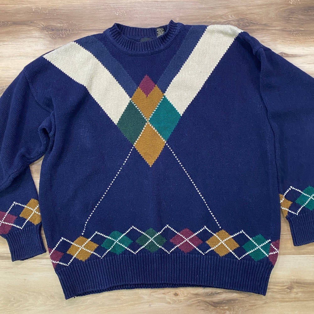 Structure Sweater XL Vintage Argyle Intarsia Ramie Cotton Relaxed Blue 90s